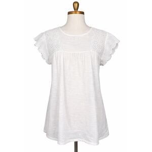 LOFT White Eyelet Lace Flutter Sleeve Blouse Size M Boho Summer